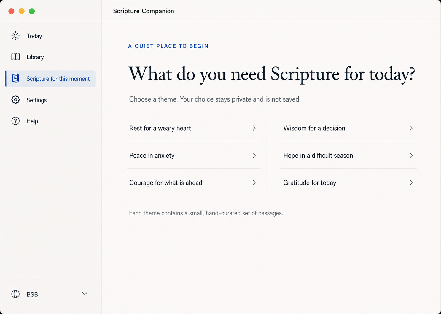 Scripture Companion theme picker with passages for different moments